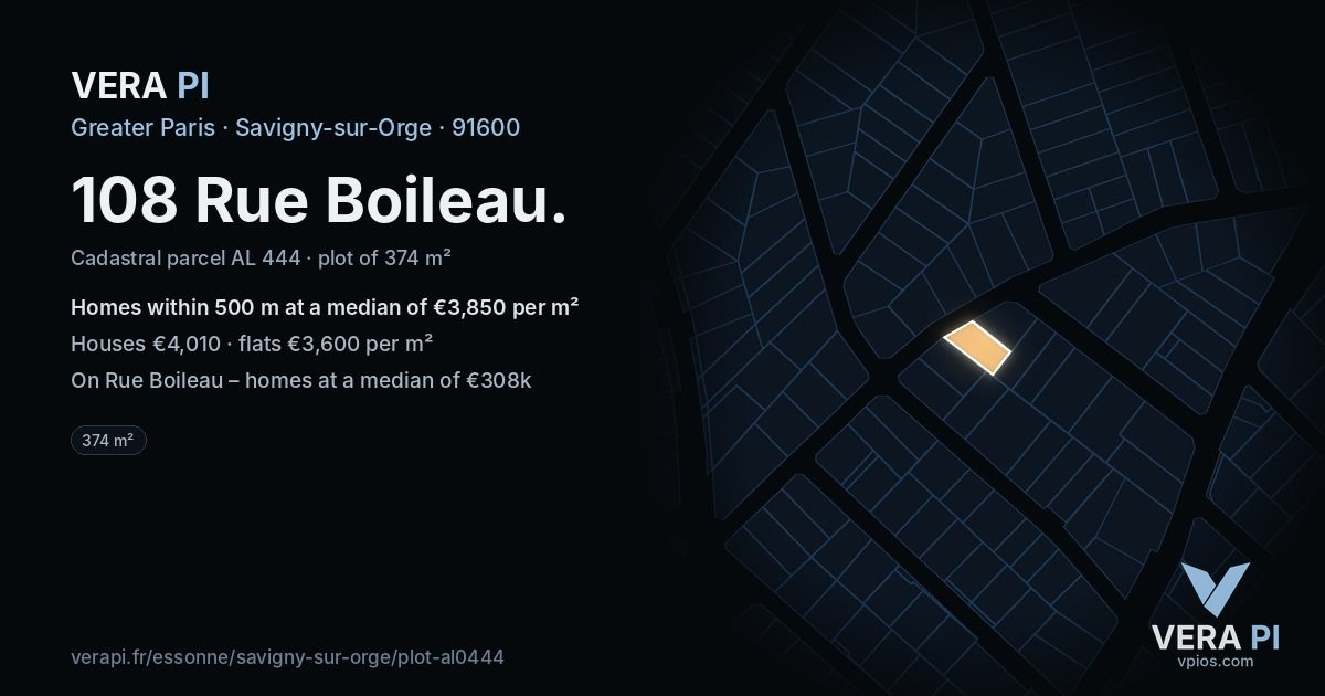 108 Rue Boileau, Savigny-sur-Orge at night – the plot lit, the parcels around coloured by the prices near them
