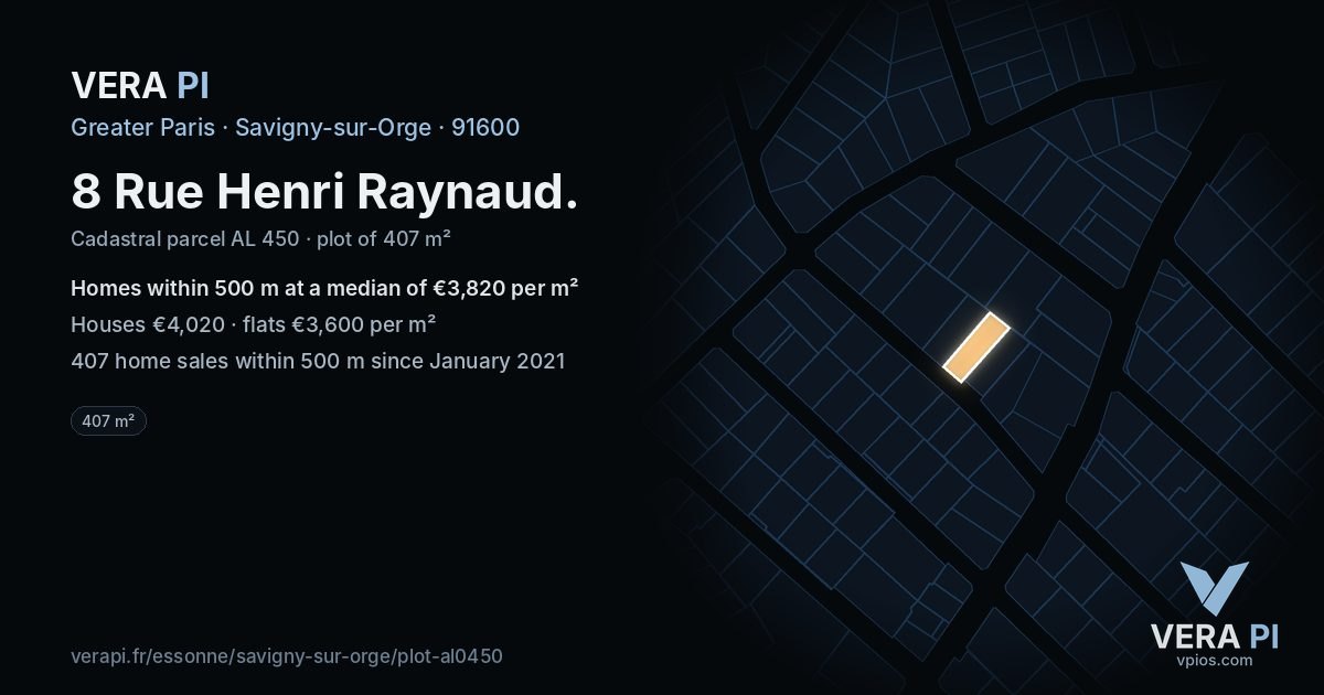 8 Rue Henri Raynaud, Savigny-sur-Orge at night – the plot lit, the parcels around coloured by the prices near them