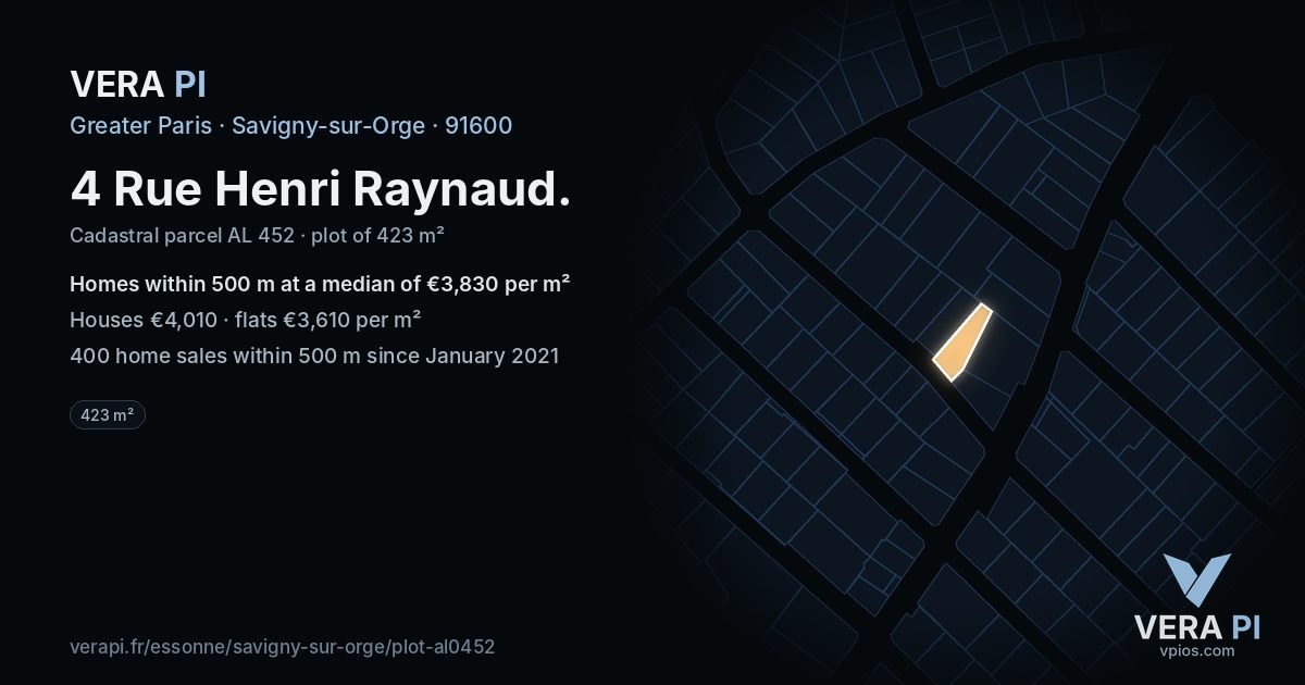 4 Rue Henri Raynaud, Savigny-sur-Orge at night – the plot lit, the parcels around coloured by the prices near them