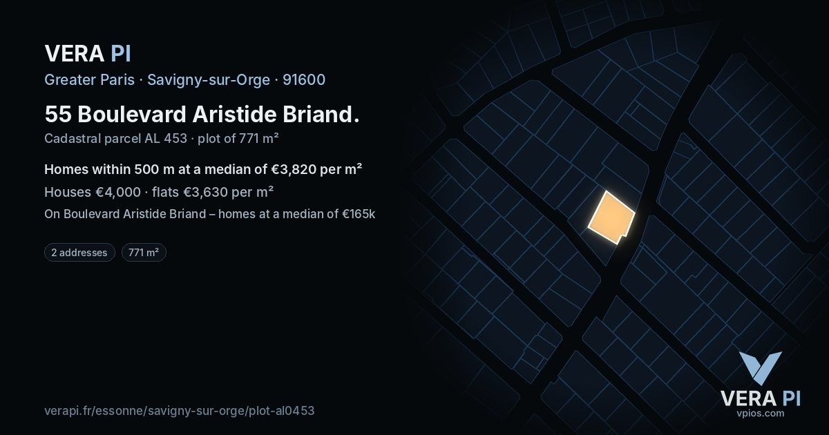 55 Boulevard Aristide Briand, Savigny-sur-Orge at night – the plot lit, the parcels around coloured by the prices near them
