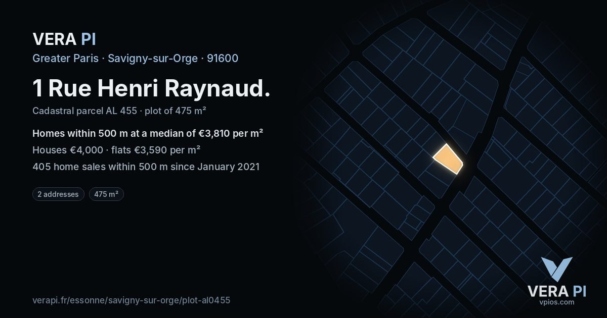 1 Rue Henri Raynaud, Savigny-sur-Orge at night – the plot lit, the parcels around coloured by the prices near them