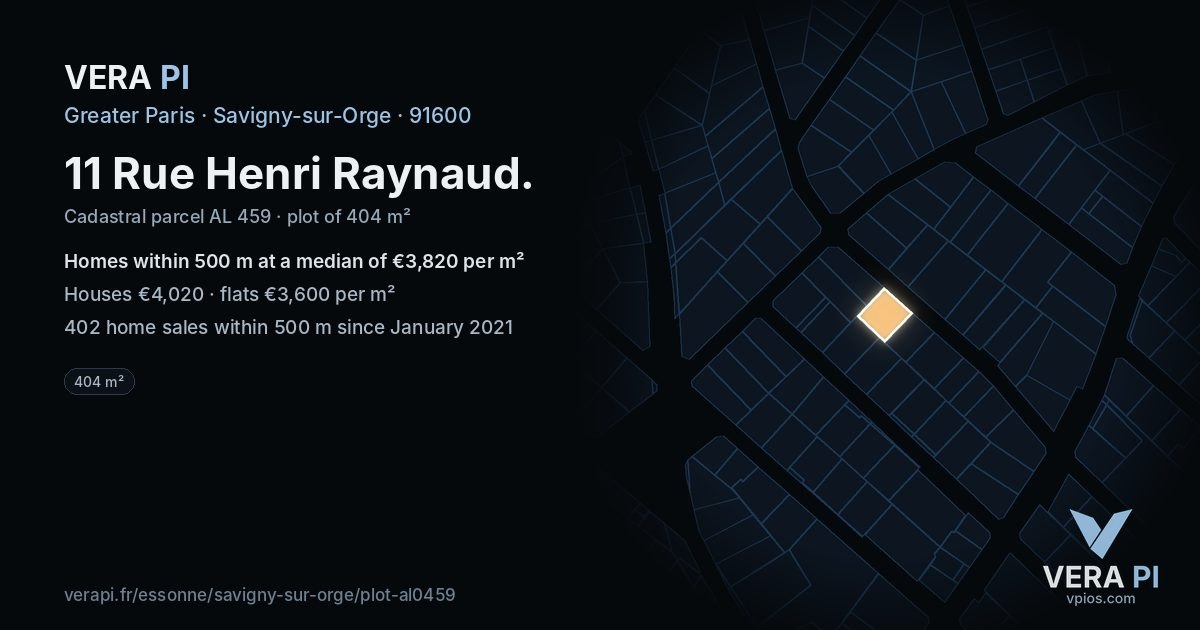 11 Rue Henri Raynaud, Savigny-sur-Orge at night – the plot lit, the parcels around coloured by the prices near them