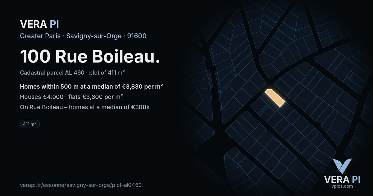 100 Rue Boileau, Savigny-sur-Orge at night – the plot lit, the parcels around coloured by the prices near them