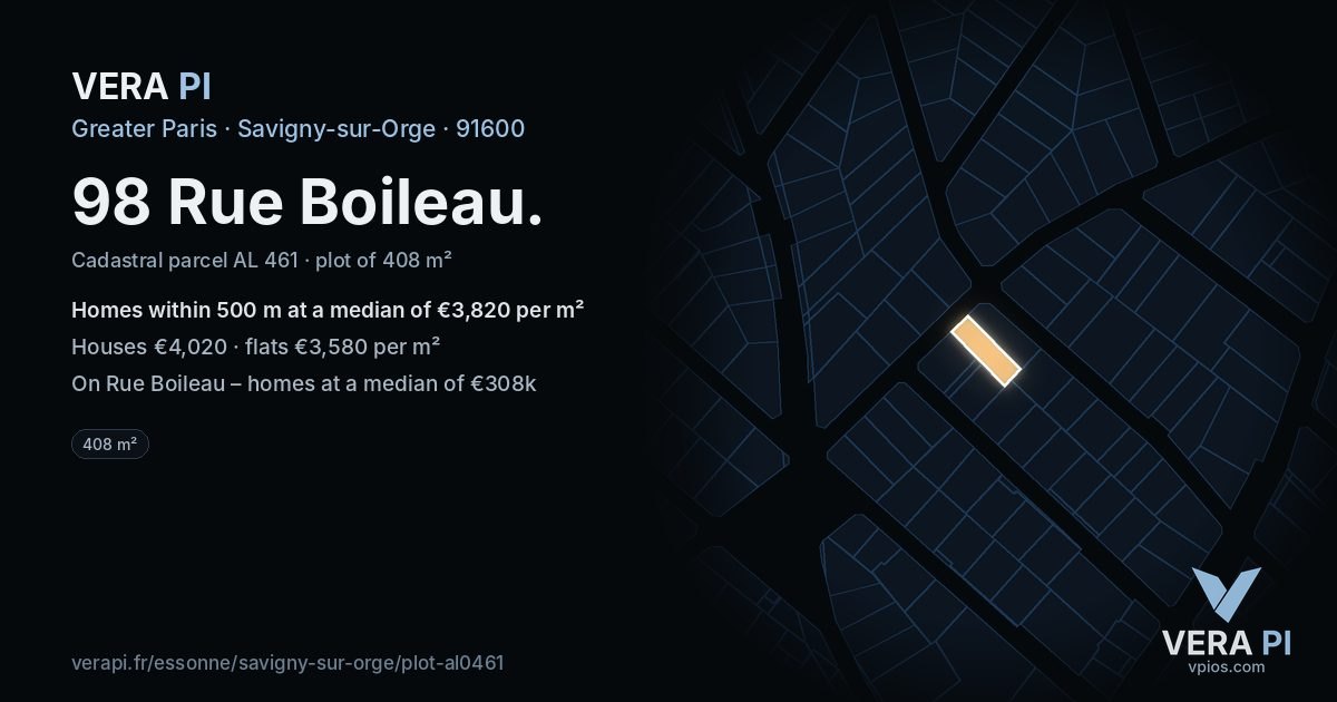 98 Rue Boileau, Savigny-sur-Orge at night – the plot lit, the parcels around coloured by the prices near them