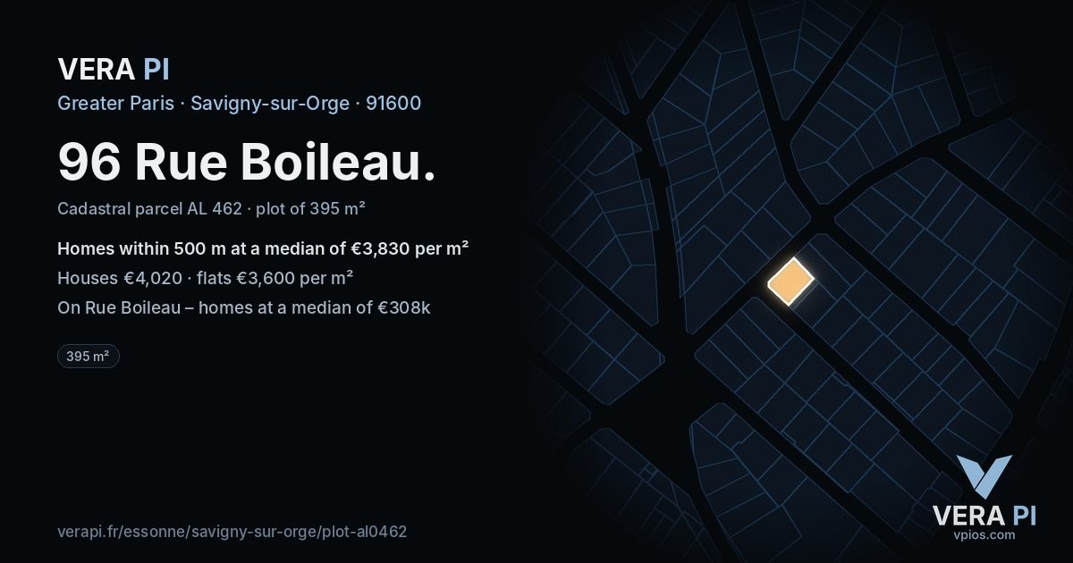 96 Rue Boileau, Savigny-sur-Orge at night – the plot lit, the parcels around coloured by the prices near them