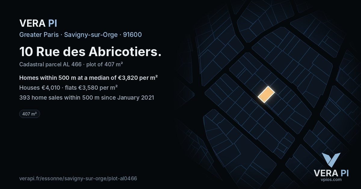 10 Rue des Abricotiers, Savigny-sur-Orge at night – the plot lit, the parcels around coloured by the prices near them