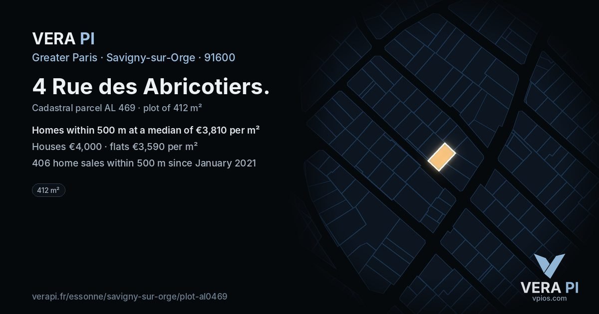 4 Rue des Abricotiers, Savigny-sur-Orge at night – the plot lit, the parcels around coloured by the prices near them