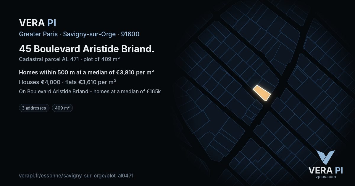 45 Boulevard Aristide Briand, Savigny-sur-Orge at night – the plot lit, the parcels around coloured by the prices near them