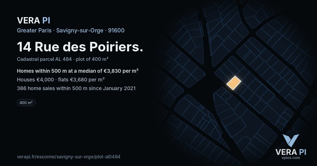 14 Rue des Poiriers, Savigny-sur-Orge at night – the plot lit, the parcels around coloured by the prices near them