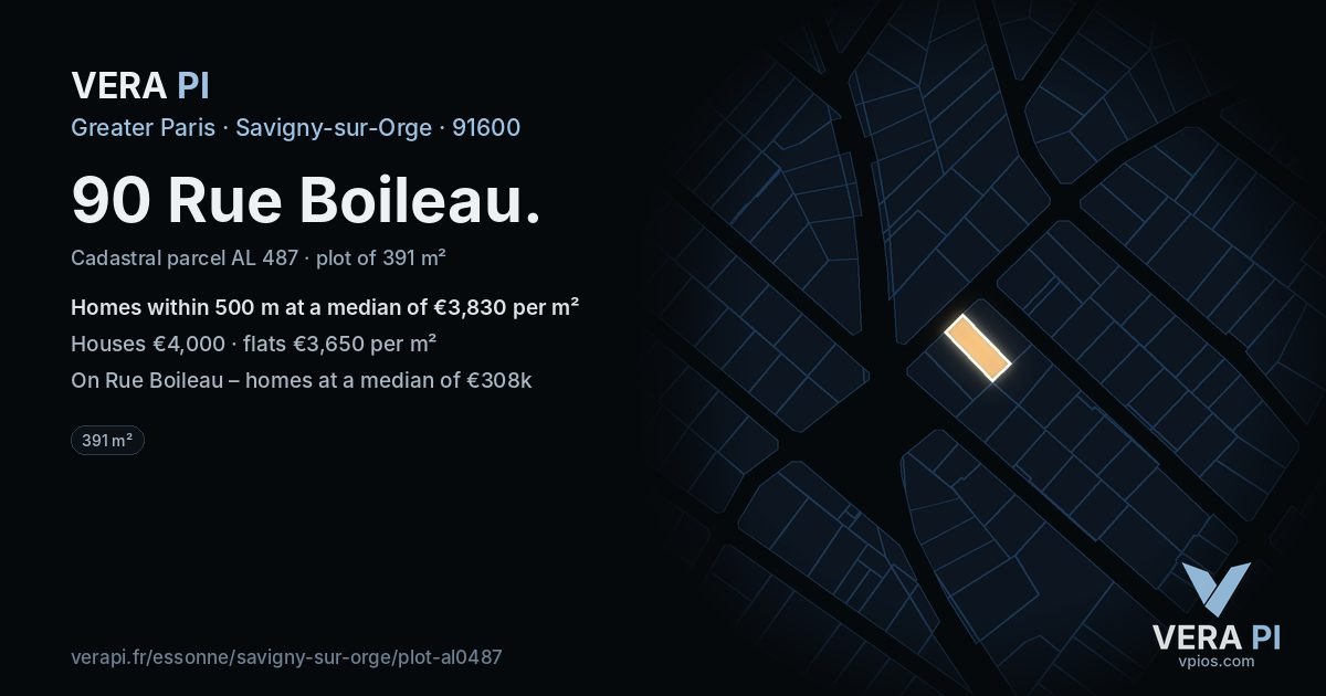 90 Rue Boileau, Savigny-sur-Orge at night – the plot lit, the parcels around coloured by the prices near them