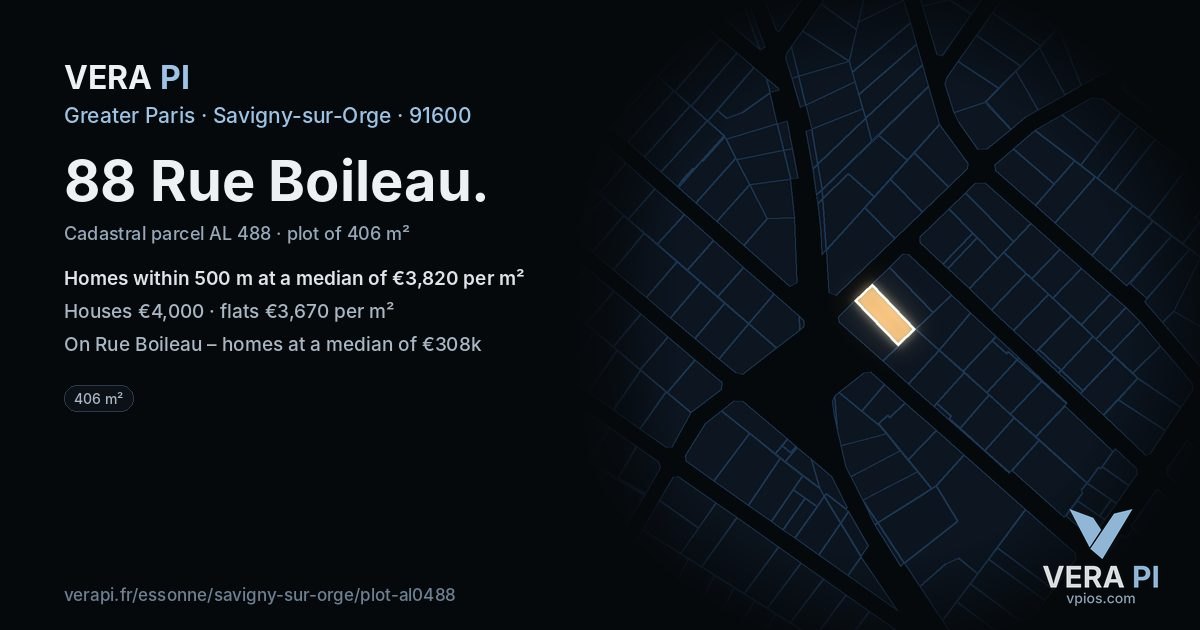 88 Rue Boileau, Savigny-sur-Orge at night – the plot lit, the parcels around coloured by the prices near them