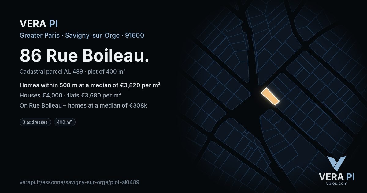 86 Rue Boileau, Savigny-sur-Orge at night – the plot lit, the parcels around coloured by the prices near them
