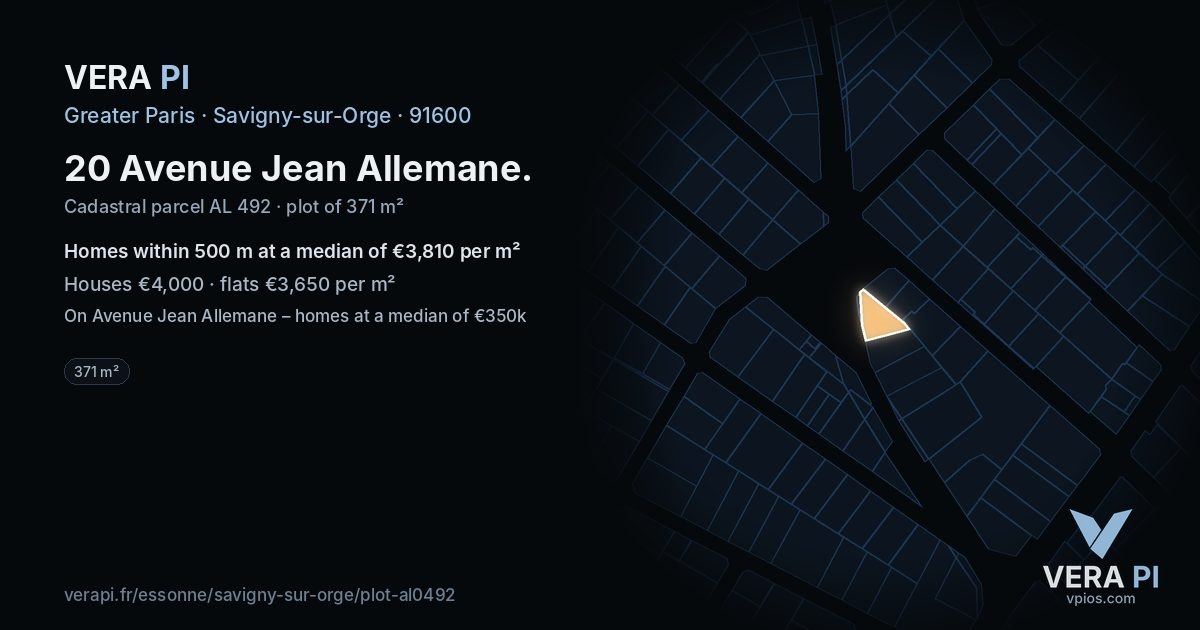 20 Avenue Jean Allemane, Savigny-sur-Orge at night – the plot lit, the parcels around coloured by the prices near them