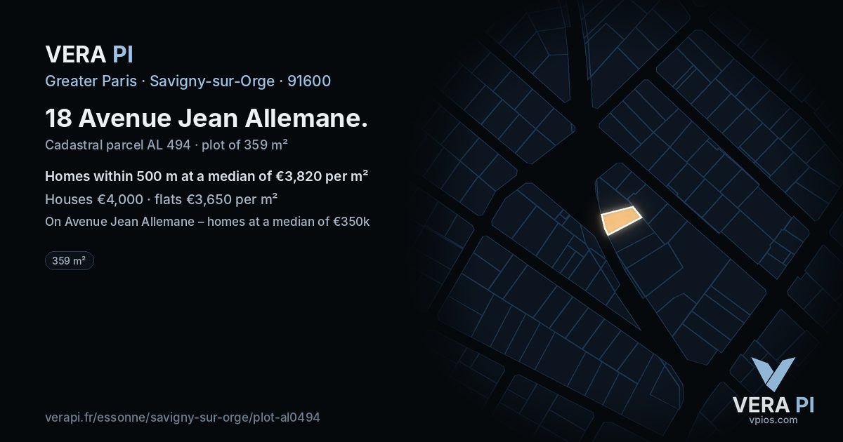18 Avenue Jean Allemane, Savigny-sur-Orge at night – the plot lit, the parcels around coloured by the prices near them