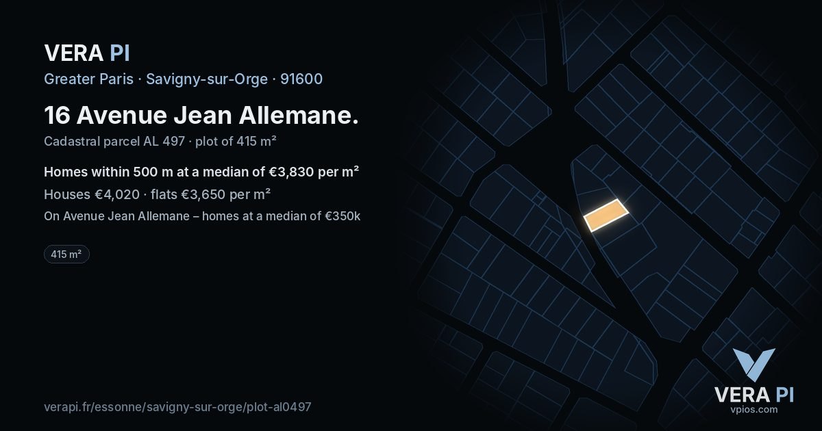 16 Avenue Jean Allemane, Savigny-sur-Orge at night – the plot lit, the parcels around coloured by the prices near them