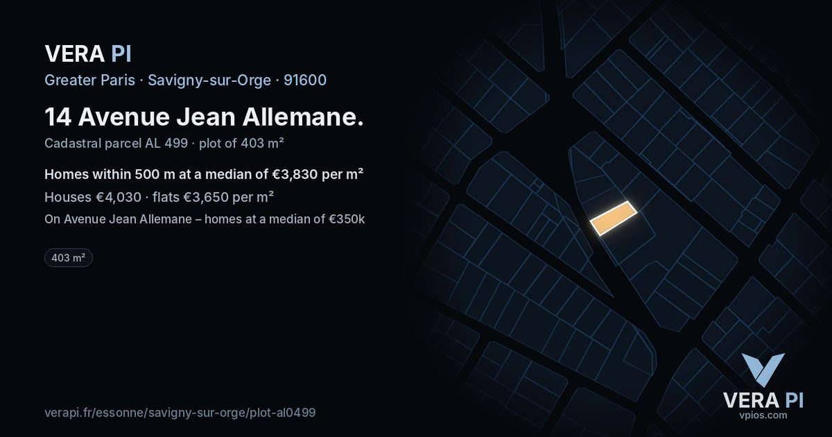 14 Avenue Jean Allemane, Savigny-sur-Orge at night – the plot lit, the parcels around coloured by the prices near them