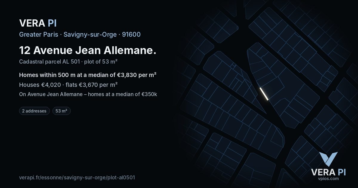 12 Avenue Jean Allemane, Savigny-sur-Orge at night – the plot lit, the parcels around coloured by the prices near them