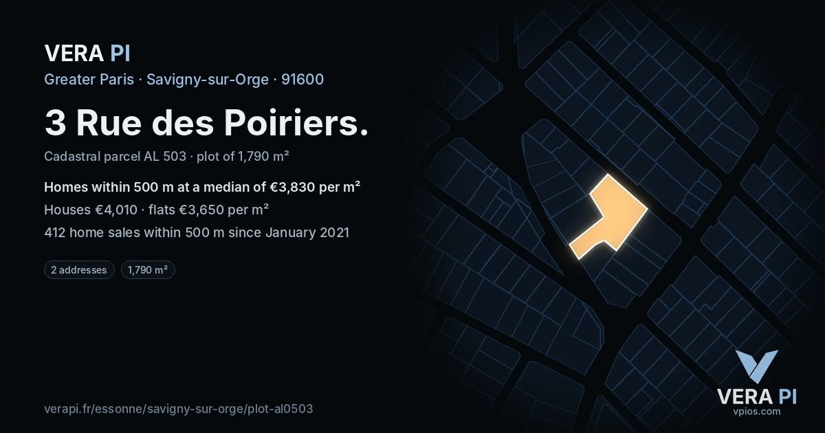 3 Rue des Poiriers, Savigny-sur-Orge at night – the plot lit, the parcels around coloured by the prices near them