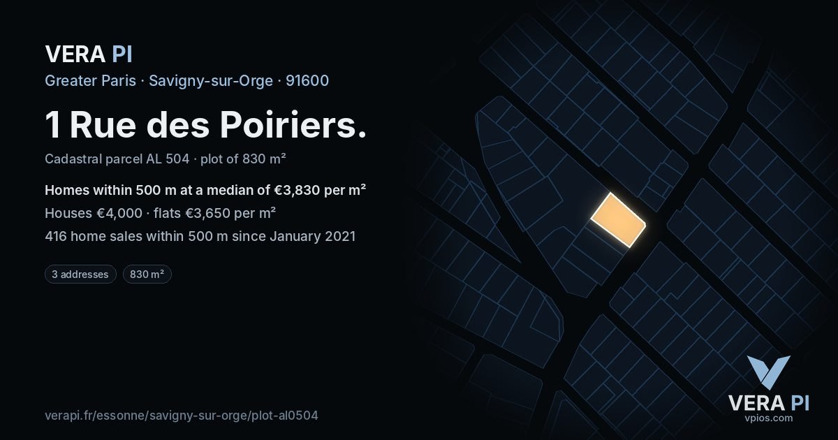 1 Rue des Poiriers, Savigny-sur-Orge at night – the plot lit, the parcels around coloured by the prices near them