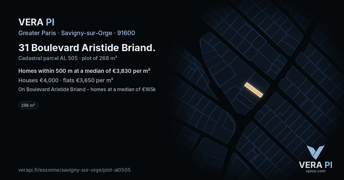 31 Boulevard Aristide Briand, Savigny-sur-Orge at night – the plot lit, the parcels around coloured by the prices near them