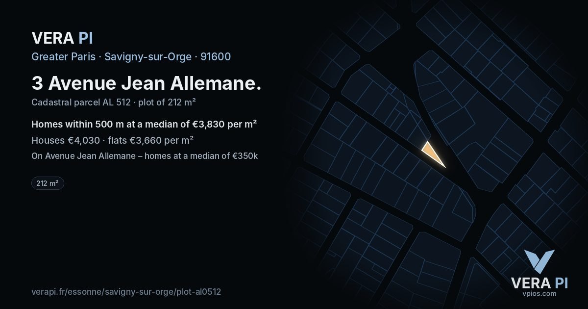 3 Avenue Jean Allemane, Savigny-sur-Orge at night – the plot lit, the parcels around coloured by the prices near them