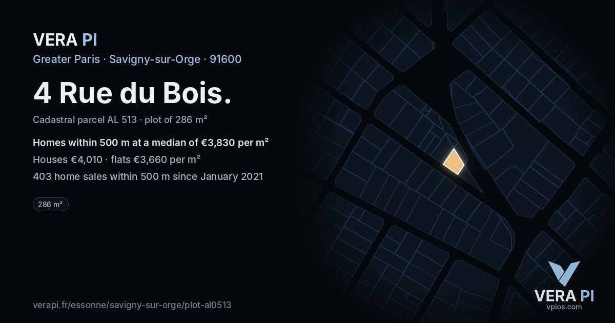 4 Rue du Bois, Savigny-sur-Orge at night – the plot lit, the parcels around coloured by the prices near them