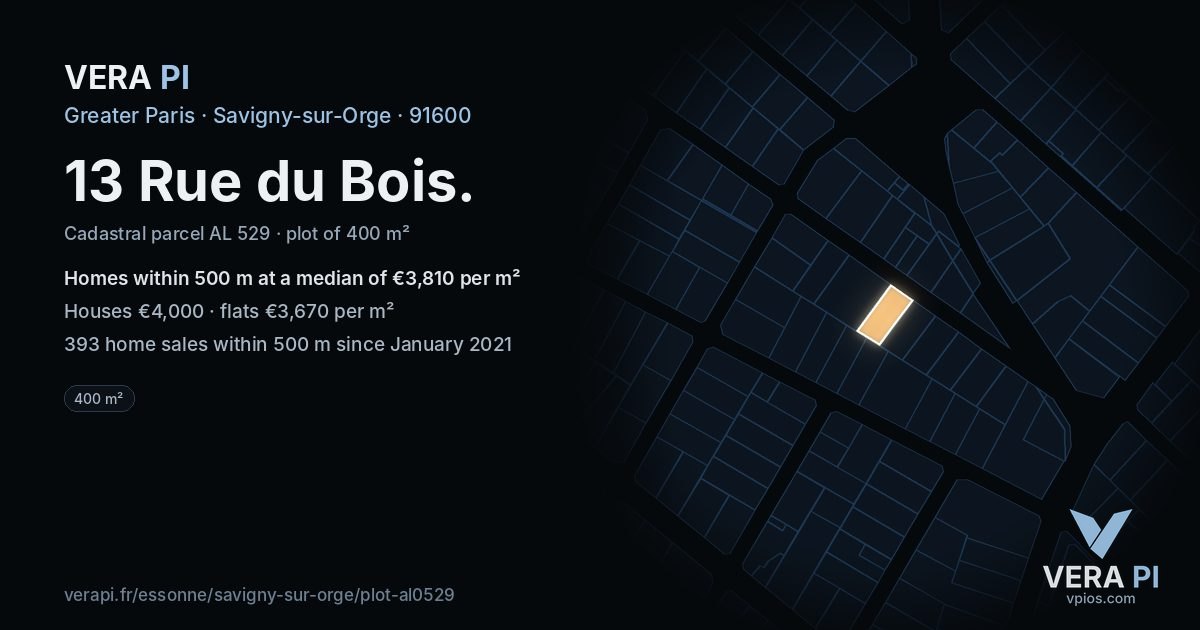 13 Rue du Bois, Savigny-sur-Orge at night – the plot lit, the parcels around coloured by the prices near them
