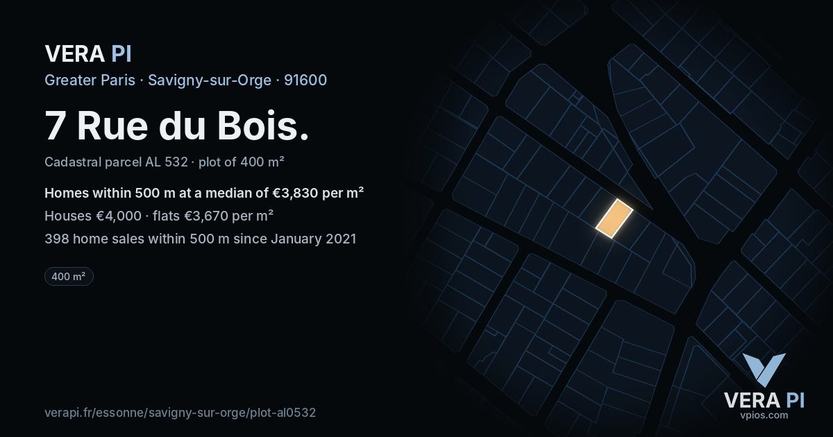7 Rue du Bois, Savigny-sur-Orge at night – the plot lit, the parcels around coloured by the prices near them