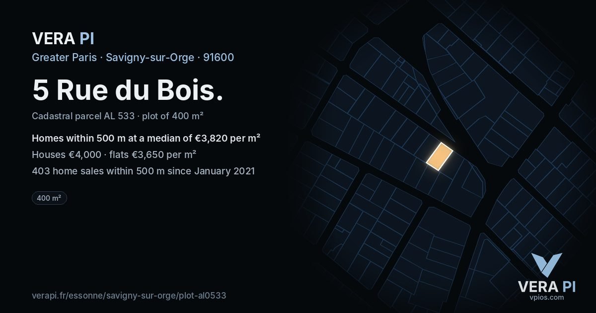 5 Rue du Bois, Savigny-sur-Orge at night – the plot lit, the parcels around coloured by the prices near them