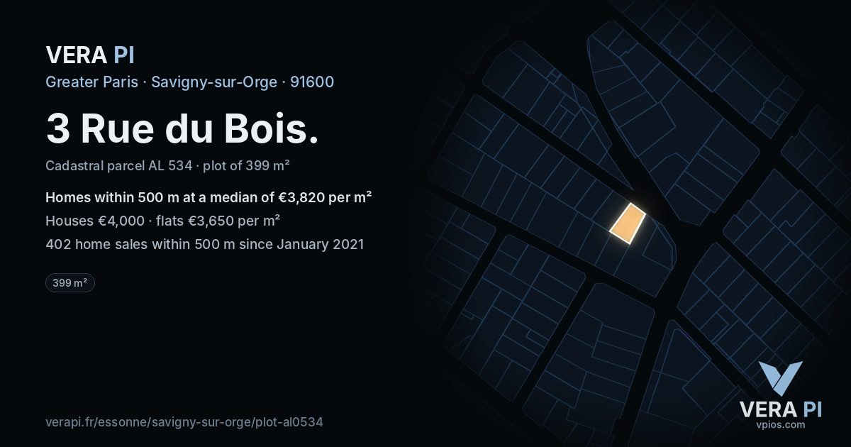 3 Rue du Bois, Savigny-sur-Orge at night – the plot lit, the parcels around coloured by the prices near them