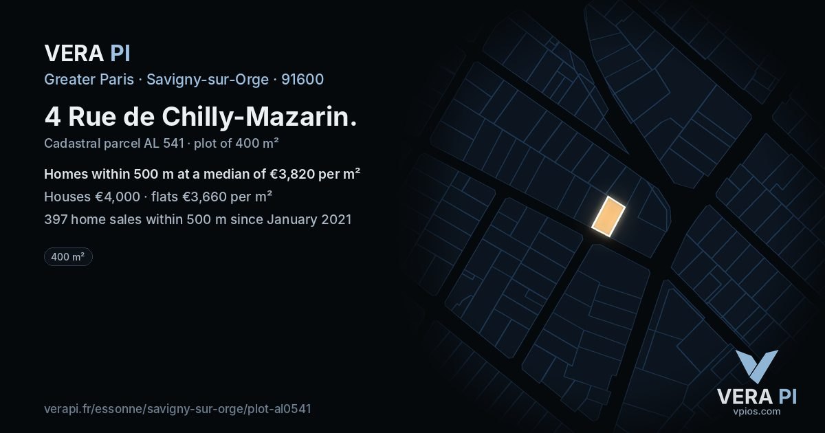 4 Rue de Chilly-Mazarin, Savigny-sur-Orge at night – the plot lit, the parcels around coloured by the prices near them