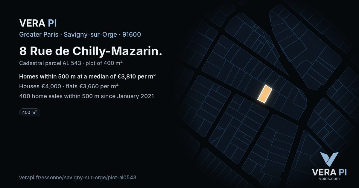 8 Rue de Chilly-Mazarin, Savigny-sur-Orge at night – the plot lit, the parcels around coloured by the prices near them