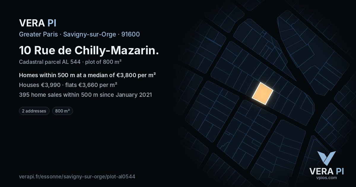 10 Rue de Chilly-Mazarin, Savigny-sur-Orge at night – the plot lit, the parcels around coloured by the prices near them