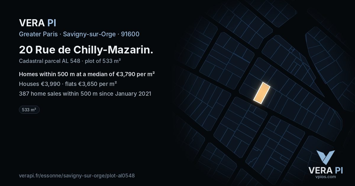 20 Rue de Chilly-Mazarin, Savigny-sur-Orge at night – the plot lit, the parcels around coloured by the prices near them