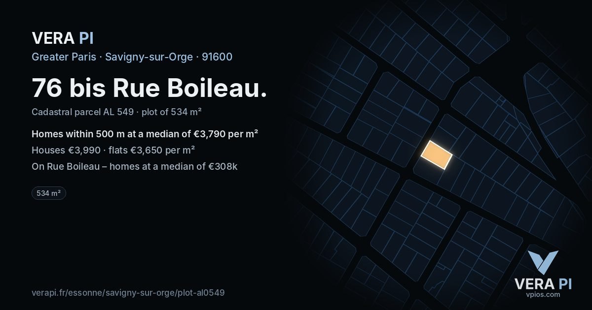 76 bis Rue Boileau, Savigny-sur-Orge at night – the plot lit, the parcels around coloured by the prices near them