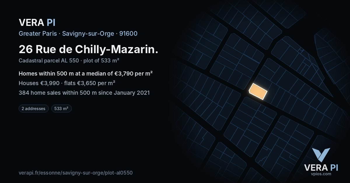 26 Rue de Chilly-Mazarin, Savigny-sur-Orge at night – the plot lit, the parcels around coloured by the prices near them