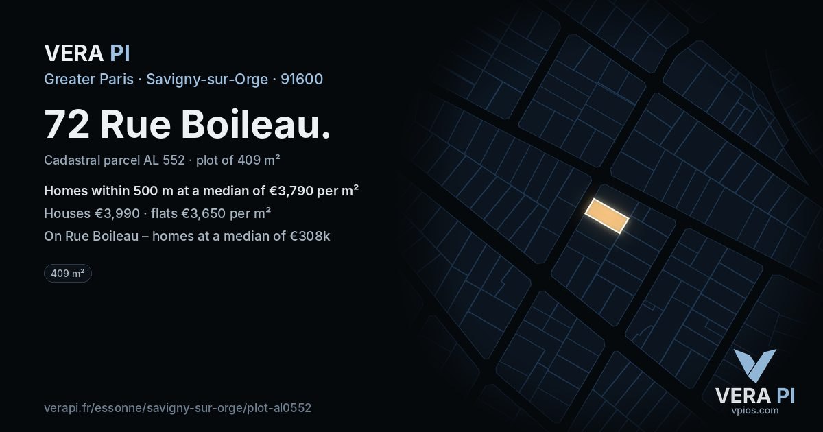 72 Rue Boileau, Savigny-sur-Orge at night – the plot lit, the parcels around coloured by the prices near them