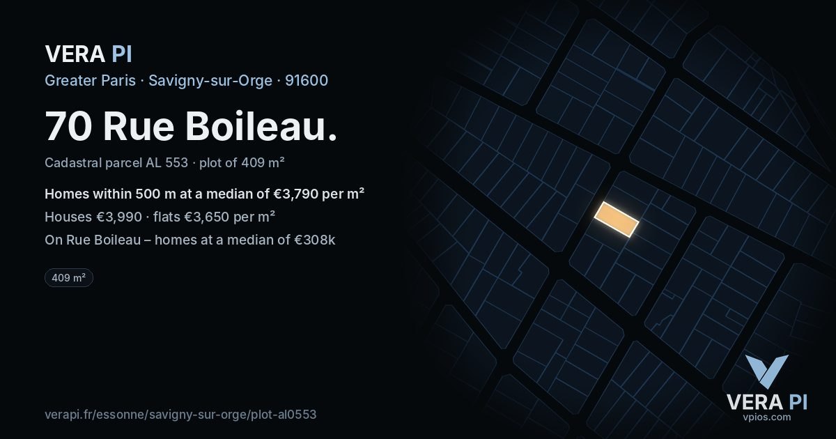 70 Rue Boileau, Savigny-sur-Orge at night – the plot lit, the parcels around coloured by the prices near them