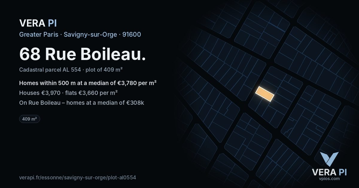 68 Rue Boileau, Savigny-sur-Orge at night – the plot lit, the parcels around coloured by the prices near them