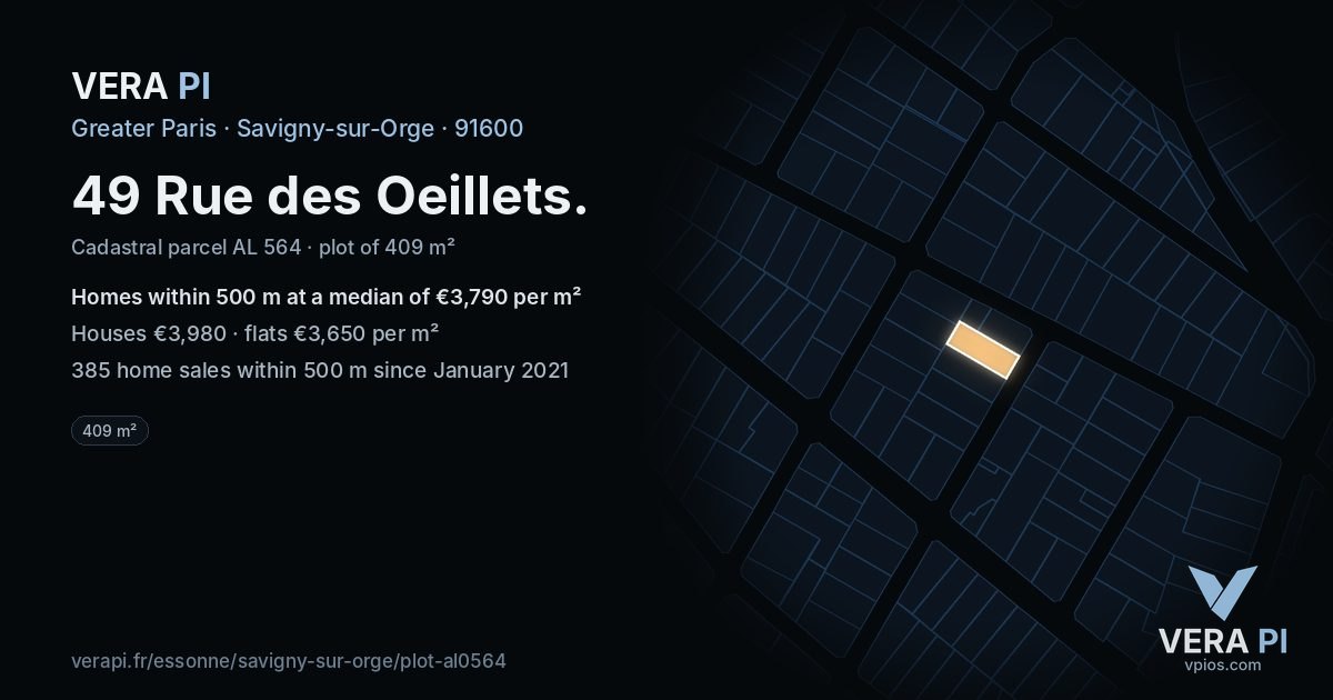 49 Rue des Oeillets, Savigny-sur-Orge at night – the plot lit, the parcels around coloured by the prices near them