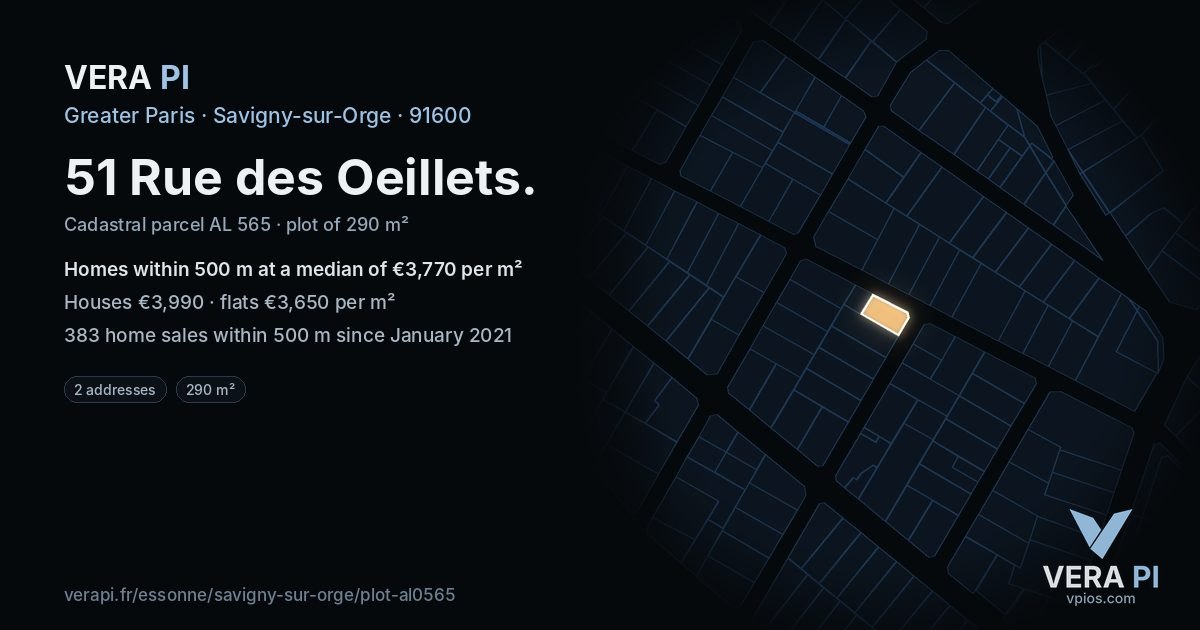 51 Rue des Oeillets, Savigny-sur-Orge at night – the plot lit, the parcels around coloured by the prices near them