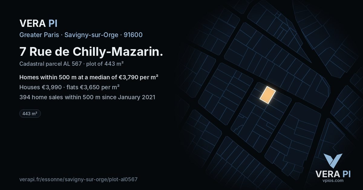 7 Rue de Chilly-Mazarin, Savigny-sur-Orge at night – the plot lit, the parcels around coloured by the prices near them