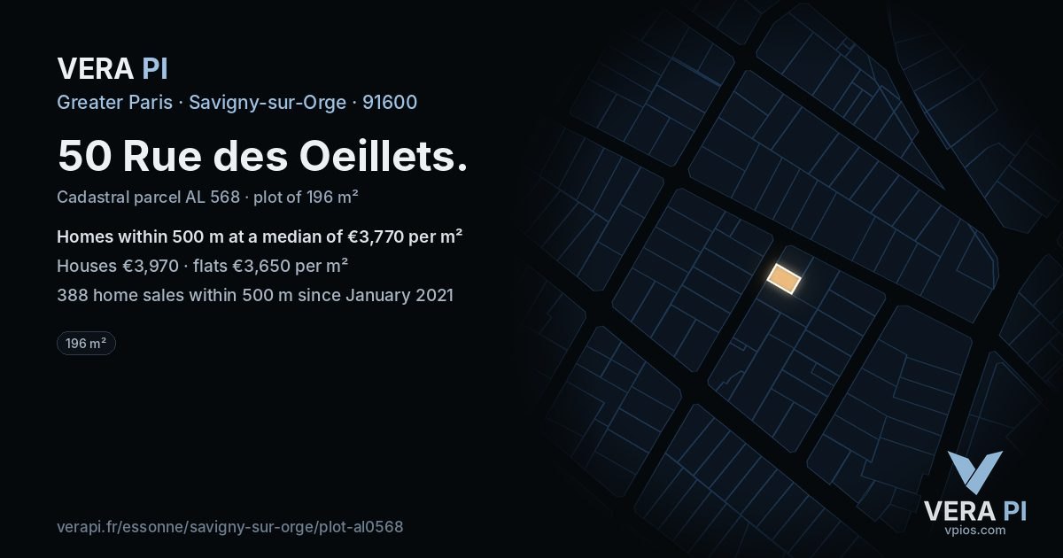 50 Rue des Oeillets, Savigny-sur-Orge at night – the plot lit, the parcels around coloured by the prices near them