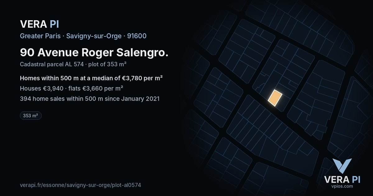 90 Avenue Roger Salengro, Savigny-sur-Orge at night – the plot lit, the parcels around coloured by the prices near them
