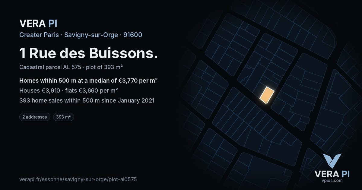 1 Rue des Buissons, Savigny-sur-Orge at night – the plot lit, the parcels around coloured by the prices near them
