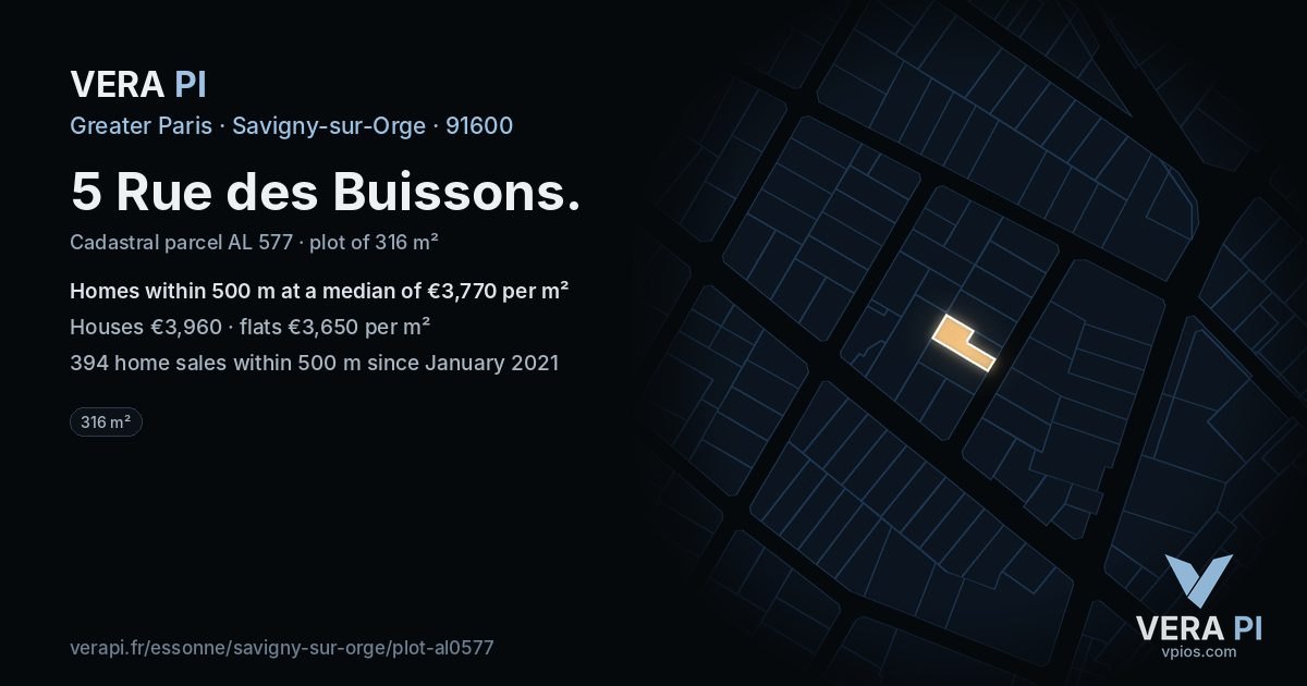 5 Rue des Buissons, Savigny-sur-Orge at night – the plot lit, the parcels around coloured by the prices near them