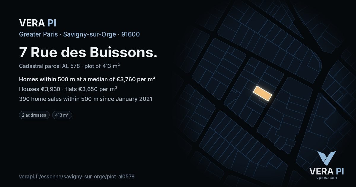 7 Rue des Buissons, Savigny-sur-Orge at night – the plot lit, the parcels around coloured by the prices near them