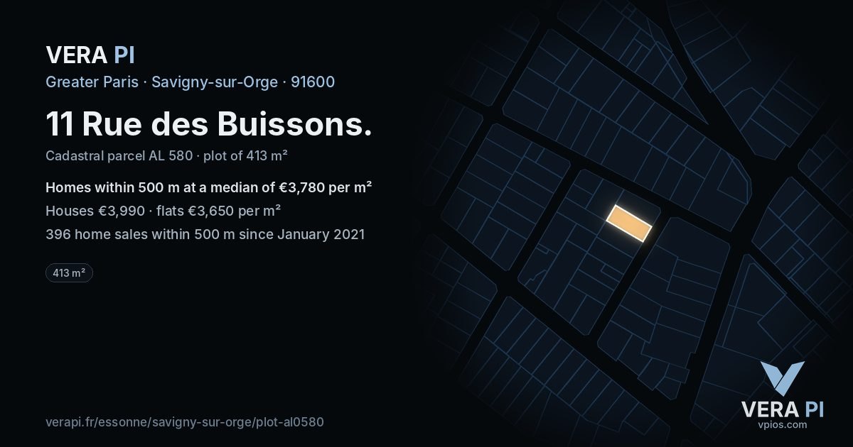 11 Rue des Buissons, Savigny-sur-Orge at night – the plot lit, the parcels around coloured by the prices near them