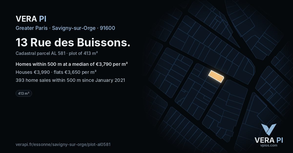 13 Rue des Buissons, Savigny-sur-Orge at night – the plot lit, the parcels around coloured by the prices near them
