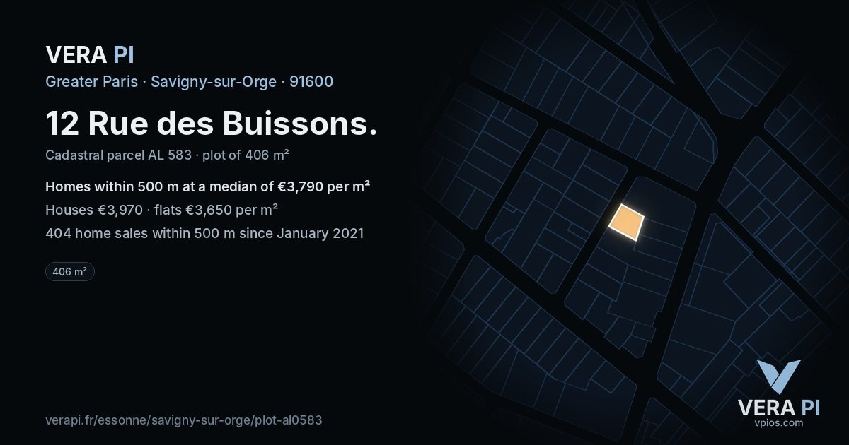 12 Rue des Buissons, Savigny-sur-Orge at night – the plot lit, the parcels around coloured by the prices near them